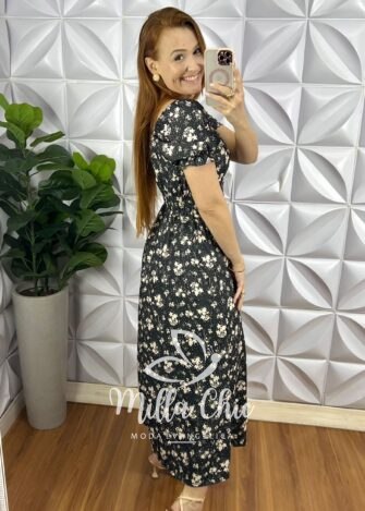 Vestido Crepe Seda Super Mídi Com Bojo Mariana - Preto - Milla Chic