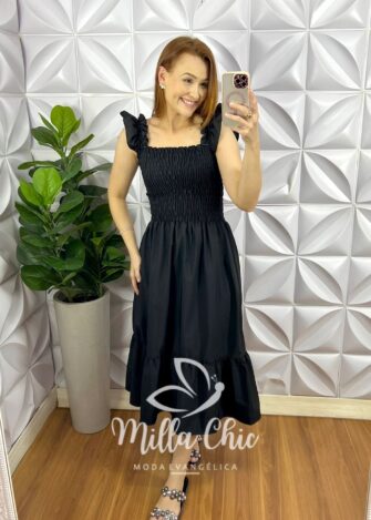 Vestido Crepinho Corpo De Lastex Mídi Mila - Preto - Milla Chic