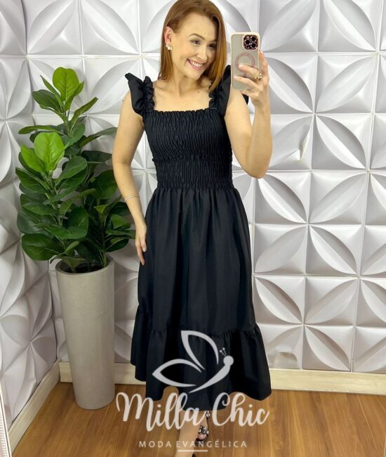 Vestido Crepinho Corpo De Lastex Mídi Mila - Preto - Milla Chic