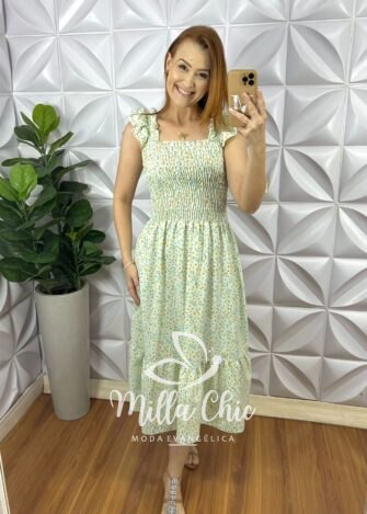 Vestido Crepinho Corpo De Lastex Mídi Mila - Verde - Milla Chic