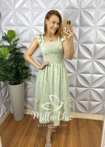 Vestido Crepinho Corpo De Lastex Mídi Mila - Verde - Milla Chic