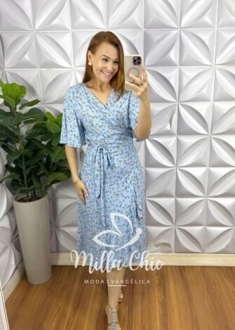 Vestido Envelope Viscolinho Faixa Cinto  Estampado Melissa - Azul - Milla Chic