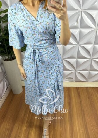 Vestido Envelope Viscolinho Faixa Cinto  Estampado Melissa - Azul - Milla Chic