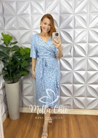 Vestido Envelope Viscolinho Faixa Cinto  Estampado Melissa - Azul - Milla Chic