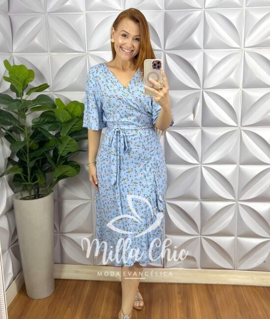 Vestido Envelope Viscolinho Faixa Cinto  Estampado Melissa - Azul - Milla Chic