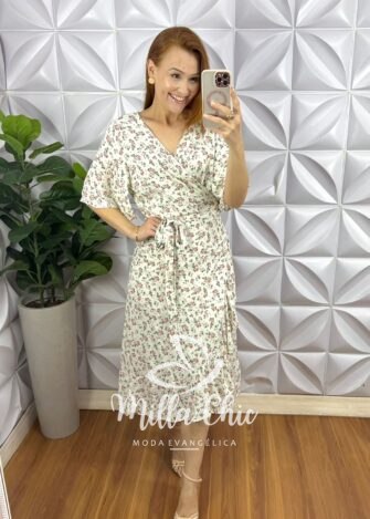 Vestido Envelope Viscolinho Faixa Cinto  Estampado Melissa - OFF - Milla Chic