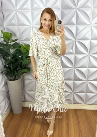 Vestido Envelope Viscolinho Faixa Cinto  Estampado Melissa - OFF - Milla Chic