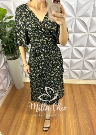 Vestido Envelope Viscolinho Faixa Cinto  Estampado Melissa - Preto - Milla Chic