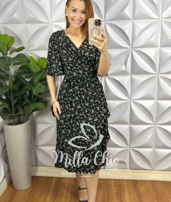 Vestido Envelope Viscolinho Faixa Cinto  Estampado Melissa - Preto - Milla Chic