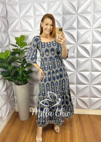 Vestido Jeans Bordado Manga 3/4 Decote Quadrado Longo Com Babada Na Barra Silene - Jeans Escuro - Milla Chic