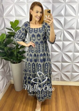 Vestido Jeans Bordado Manga 3/4 Decote Quadrado Longo Com Babada Na Barra Silene - Jeans Escuro - Milla Chic