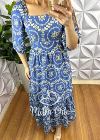 Vestido Jeans Bordado Manga 3/4 Decote Quadrado Longo Com Babada Na Barra Silene - Jeans Escuro - Milla Chic