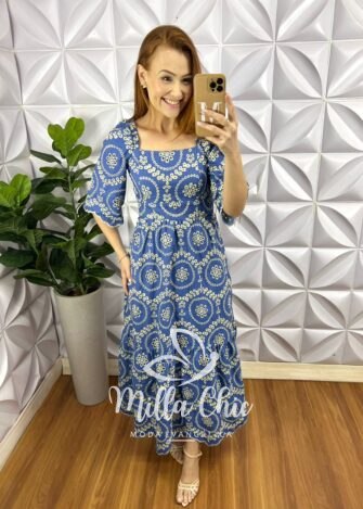 Vestido Jeans Bordado Manga 3/4 Decote Quadrado Longo Com Babada Na Barra Silene - Jeans Escuro - Milla Chic