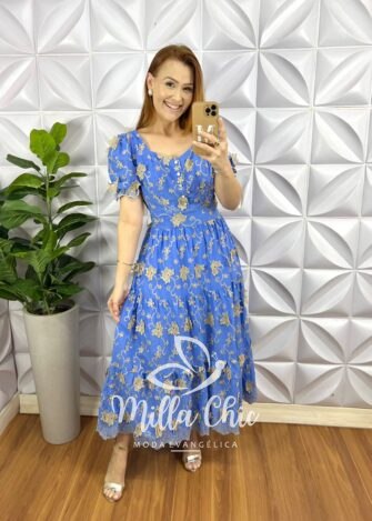 Vestido Leise 3D Manga Princesa Com Botões De Perola Longo Três Marias Heloísa - Azul - Milla Chic