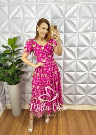 Vestido Leise 3D Manga Princesa Com Botões De Perola Longo Três Marias Heloísa - Pink - Milla Chic