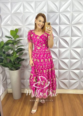 Vestido Leise 3D Manga Princesa Com Botões De Perola Longo Três Marias Heloísa - Pink - Milla Chic