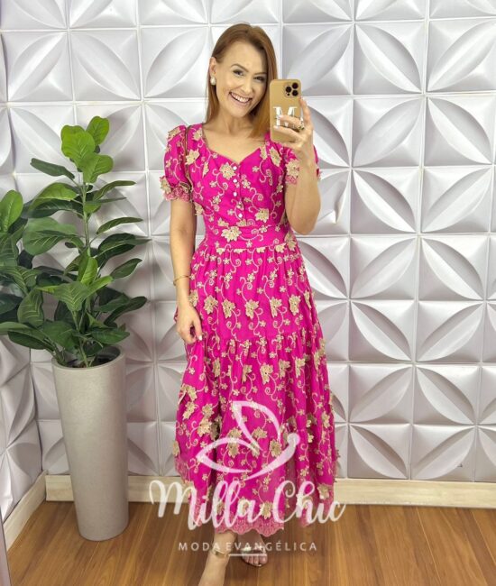 Vestido Leise 3D Manga Princesa Com Botões De Perola Longo Três Marias Heloísa - Pink - Milla Chic