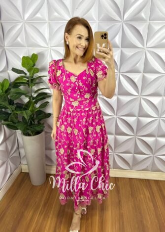 Vestido Leise 3D Manga Princesa Com Botões De Perola Longo Três Marias Heloísa - Pink - Milla Chic
