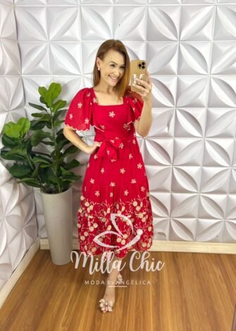 Vestido Lesie 3D Manga Raglan Com Lastex Nas Costas Super Midi Três Marias Samara - Vermelho - Milla Chic