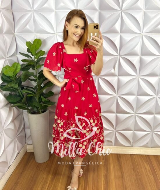 Vestido Lesie 3D Manga Raglan Com Lastex Nas Costas Super Midi Três Marias Samara - Vermelho - Milla Chic