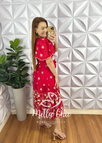 Vestido Lesie 3D Manga Raglan Com Lastex Nas Costas Super Midi Três Marias Samara - Vermelho - Milla Chic