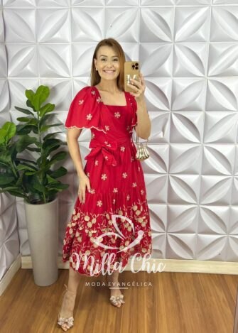 Vestido Lesie 3D Manga Raglan Com Lastex Nas Costas Super Midi Três Marias Samara - Vermelho - Milla Chic
