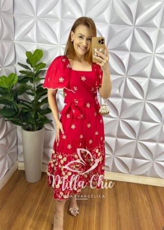Vestido Lesie 3D Manga Raglan Com Lastex Nas Costas Super Midi Três Marias Samara - Vermelho - Milla Chic