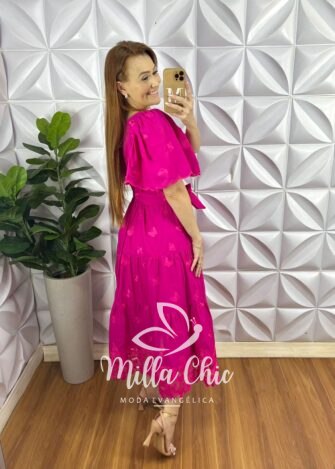 Vestido Lesie Bordado Manga Raglan Com Lastex Nas Costas Super Midi Três Marias Samara - Pink - Milla Chic