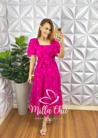 Vestido Lesie Bordado Manga Raglan Com Lastex Nas Costas Super Midi Três Marias Samara - Pink - Milla Chic