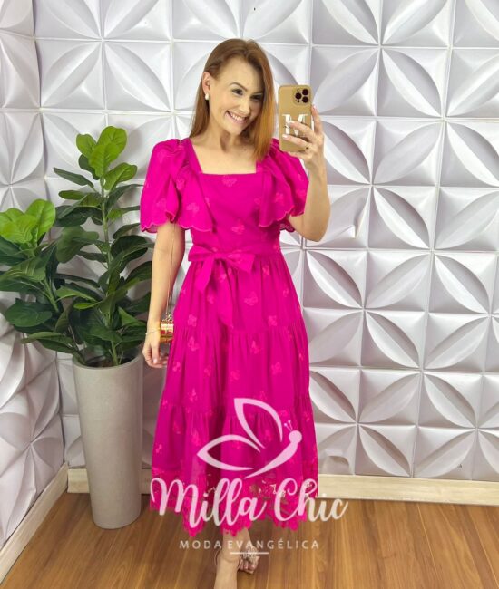 Vestido Lesie Bordado Manga Raglan Com Lastex Nas Costas Super Midi Três Marias Samara - Pink - Milla Chic