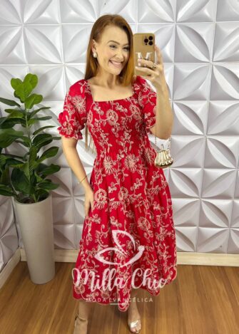 Vestido Leise Borboleta Corpo De Lastex Mídi Três Marias Bicolor Bruna - Vermelho - Milla Chic