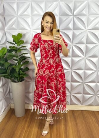 Vestido Leise Borboleta Corpo De Lastex Mídi Três Marias Bicolor Bruna - Vermelho - Milla Chic
