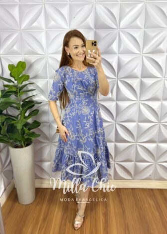 Vestido Leise Bordado 3D Manga 3/4 Mídi Evase Com Babado Na Barra Liza - Azul - Milla Chic