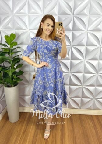 Vestido Leise Bordado 3D Manga 3/4 Mídi Evase Com Babado Na Barra Liza - Azul - Milla Chic