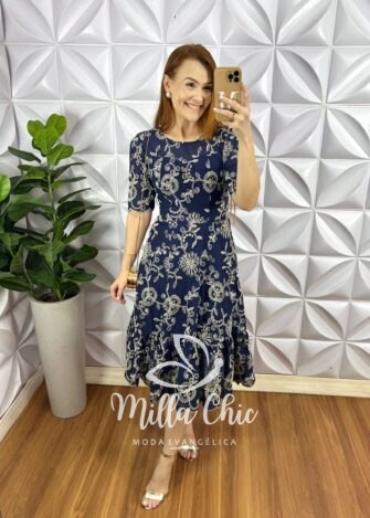 Vestido Leise Bordado 3D Manga 3/4 Mídi Evase Com Babado Na Barra Liza - Azul Marinho - Milla Chic