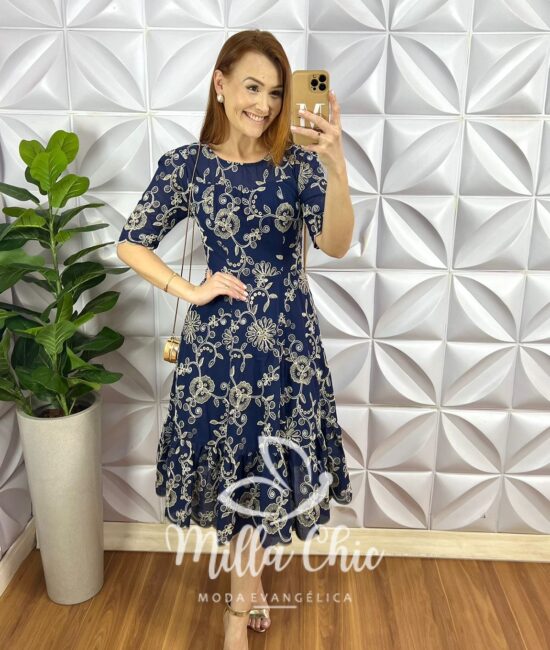 Vestido Leise Bordado 3D Manga 3/4 Mídi Evase Com Babado Na Barra Liza - Azul Marinho - Milla Chic