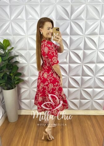 Vestido Leise Bordado 3D Manga 3/4 Mídi Evase Com Babado Na Barra Liza - Vermelho - Milla Chic