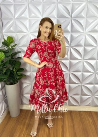 Vestido Leise Bordado 3D Manga 3/4 Mídi Evase Com Babado Na Barra Liza - Vermelho - Milla Chic
