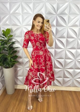 Vestido Leise Bordado 3D Manga 3/4 Mídi Evase Com Babado Na Barra Liza - Vermelho - Milla Chic