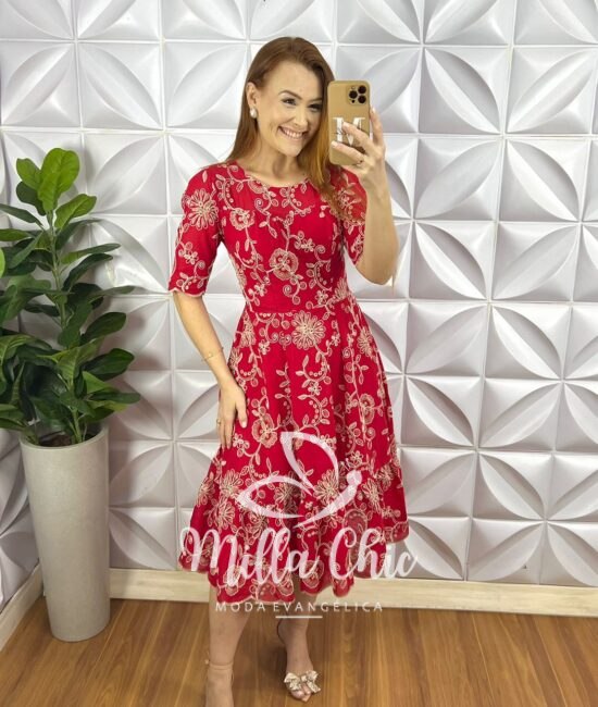 Vestido Leise Bordado 3D Manga 3/4 Mídi Evase Com Babado Na Barra Liza - Vermelho - Milla Chic