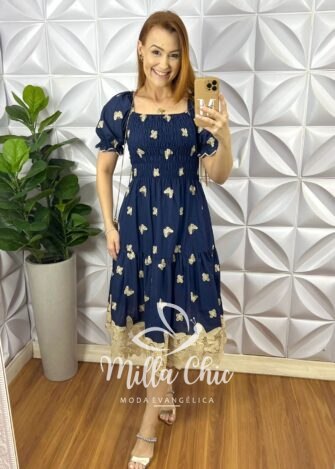 Vestido Leise Corpo De Lastex Mídi Bicolor Bruna - Azul - Milla Chic