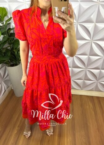 Vestido Leise Mídi Manga Princesa Bicolor Fabiola - Laranja com Pink - Milla Chic