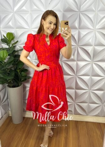 Vestido Leise Mídi Manga Princesa Bicolor Fabiola - Laranja com Pink - Milla Chic