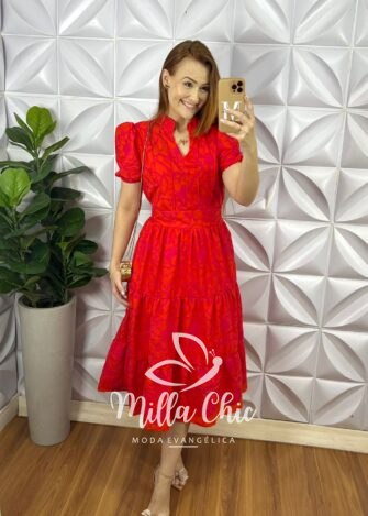 Vestido Leise Mídi Manga Princesa Bicolor Fabiola - Laranja com Pink - Milla Chic