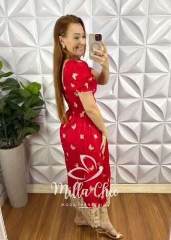Vestido Leise Mídi Evase Barrado Guipper Bicolor Cleusa - Vermelho - Milla Chic
