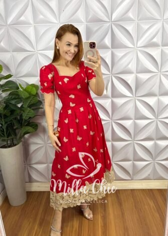 Vestido Leise Mídi Evase Barrado Guipper Bicolor Cleusa - Vermelho - Milla Chic