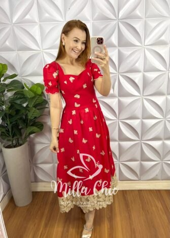 Vestido Leise Mídi Evase Barrado Guipper Bicolor Cleusa - Vermelho - Milla Chic