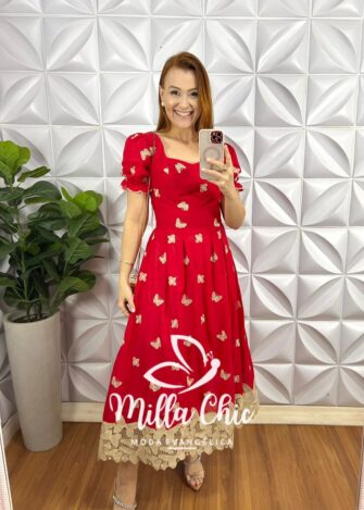 Vestido Leise Mídi Evase Barrado Guipper Bicolor Cleusa - Vermelho - Milla Chic