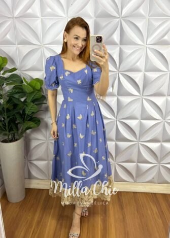 Vestido Leise Mídi Evase Barrado Guipper Bicolor Cleusa - Azul - Milla Chic