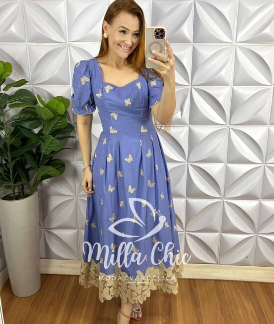 Vestido Leise Mídi Evase Barrado Guipper Bicolor Cleusa - Azul - Milla Chic